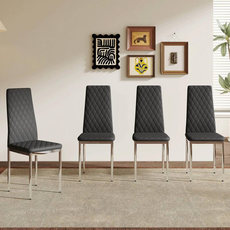 Modern 4 Piece PU Leather Kitchen Dining Chairs with Cushions, Metal Legs, Extended Backrest for Dining Room Kitchen Living Room