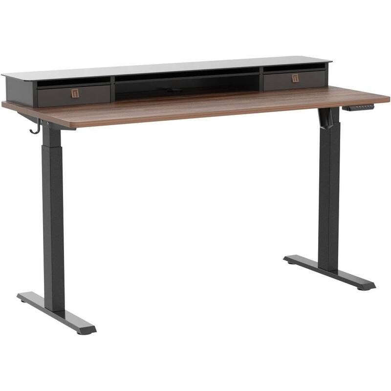 FEZIBO Height Adjustable Glass Electric Standing Desk with Double Drawer, Stand Up Desk with Storage Shelf