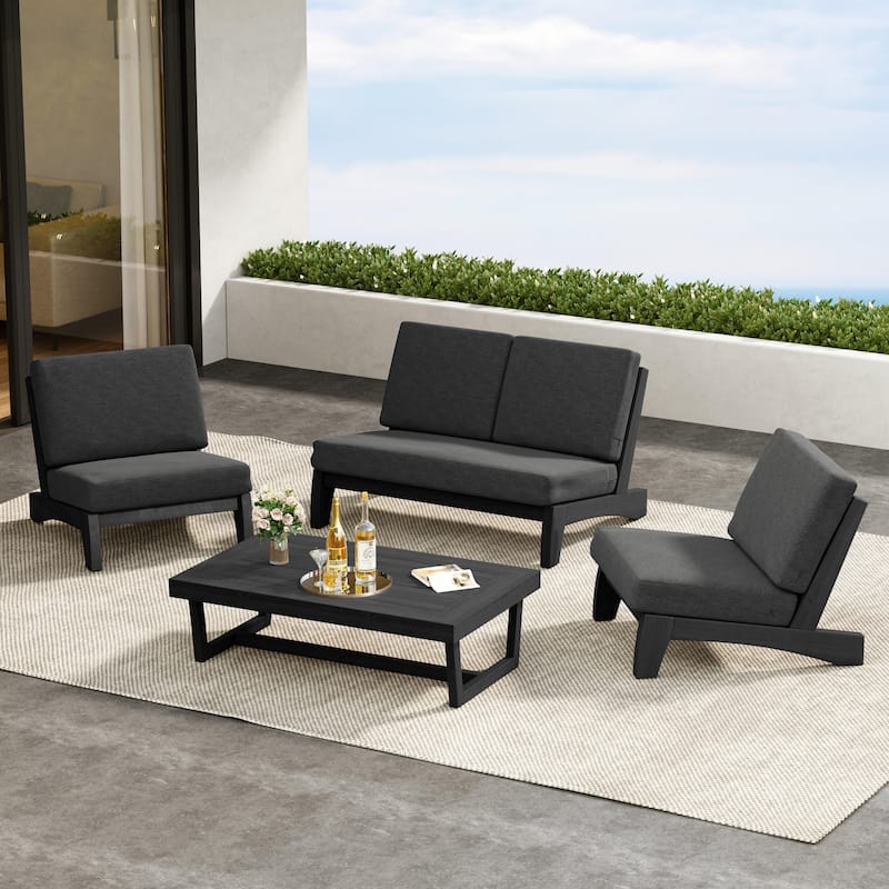 4 Pieces Wood Sectional Sofa Patio Conversation Set With Cushion
