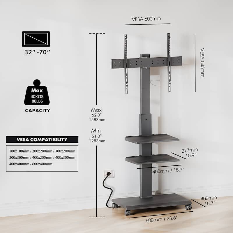 FITUEYES Rolling TV Stand with Wheels For 32-70 Inch TVs, with Power Outlet and Two Shelf TV Console ,Hold Up To 88 Lbs