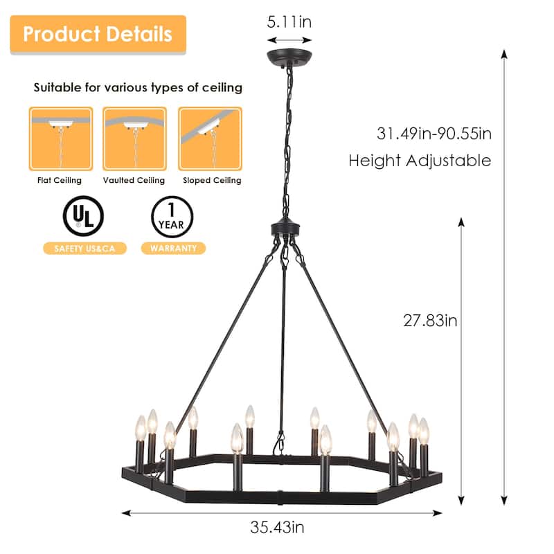 Modern Farmhouse 12-Light Hexagonal Design Wagon Wheel Chandelier for Dining Room Living Room Bedroom Kitchen - W35.43"x H27.83"
