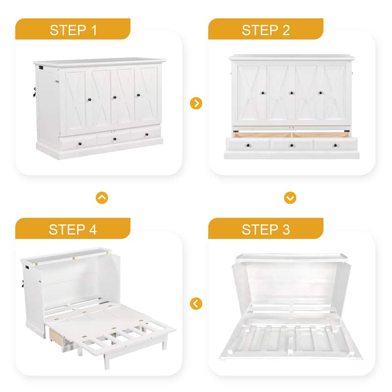 Solid Pine Murphy Bed Chest Cube Cabinet Bed with Charging Station and Large Storage Drawer for or Small Room,Full