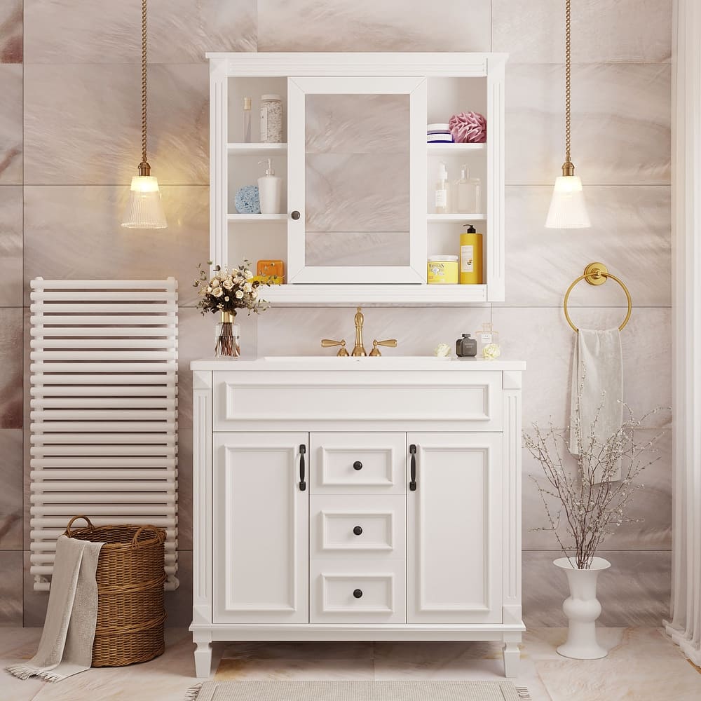 GDFStudio - Marwood Modern Bathroom Vanity Set with Ceramic Sink and Mirror Cabinet with 2 Soft Closing Doors & Drawers - 35.9'W
