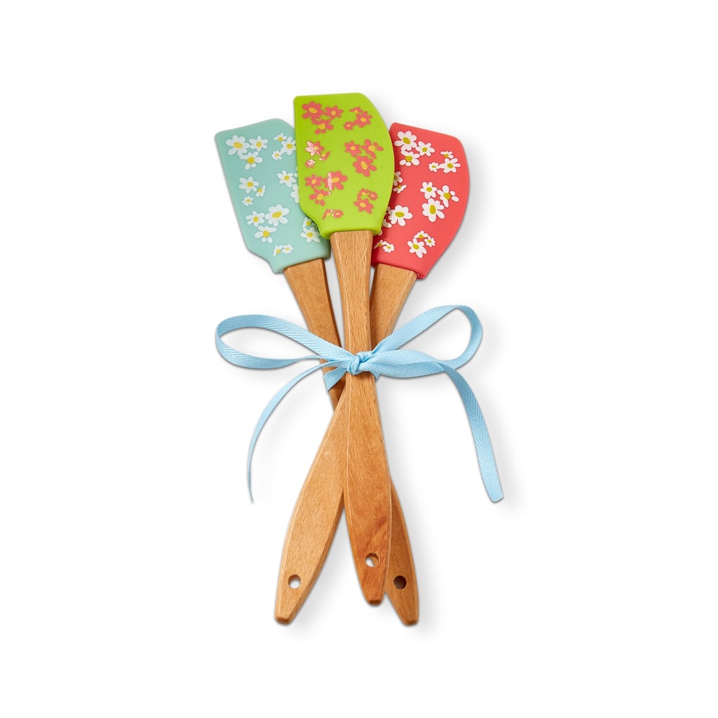 Bloom Blossom Flower Daisy Floral Print Turquoise Green and Coral Mini Silicone Wood Spatula Set Of 3, 9.1L x 1.7W inch.
