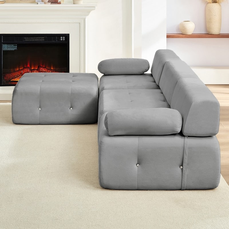 Mixoy 100inch Modular Sectional Sofa with Ottoman,Velvet 3-Seater L-Shaped Couch for Living Room - 100.4"w x 66.9"D x 24.8"H
