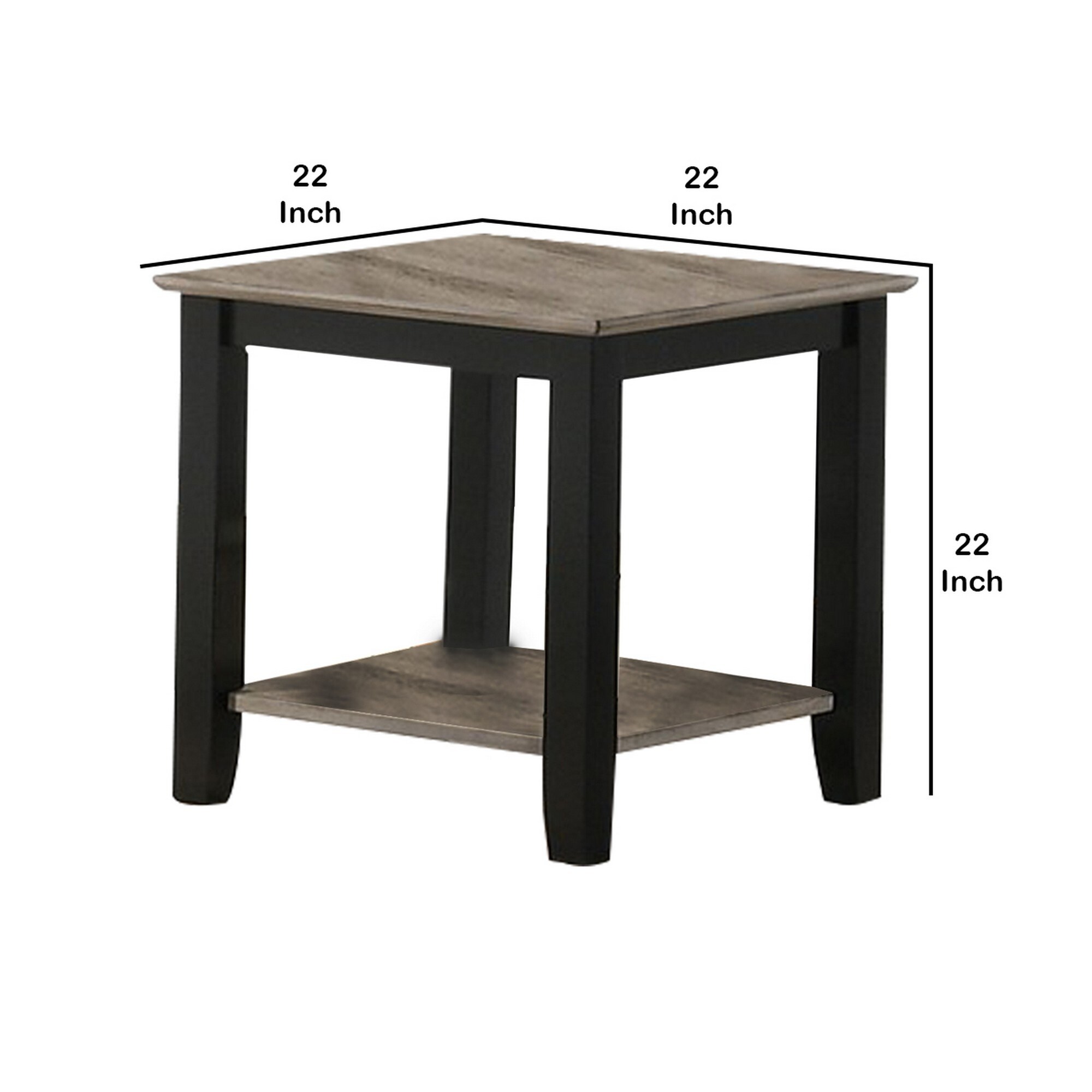Wooden end table with dimensions 22 inches by 22 inches.