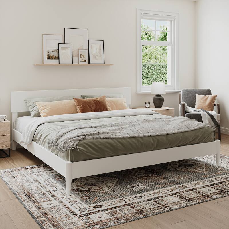 Aria Solid Wood Modern Low Profile Platform Bed - White - King