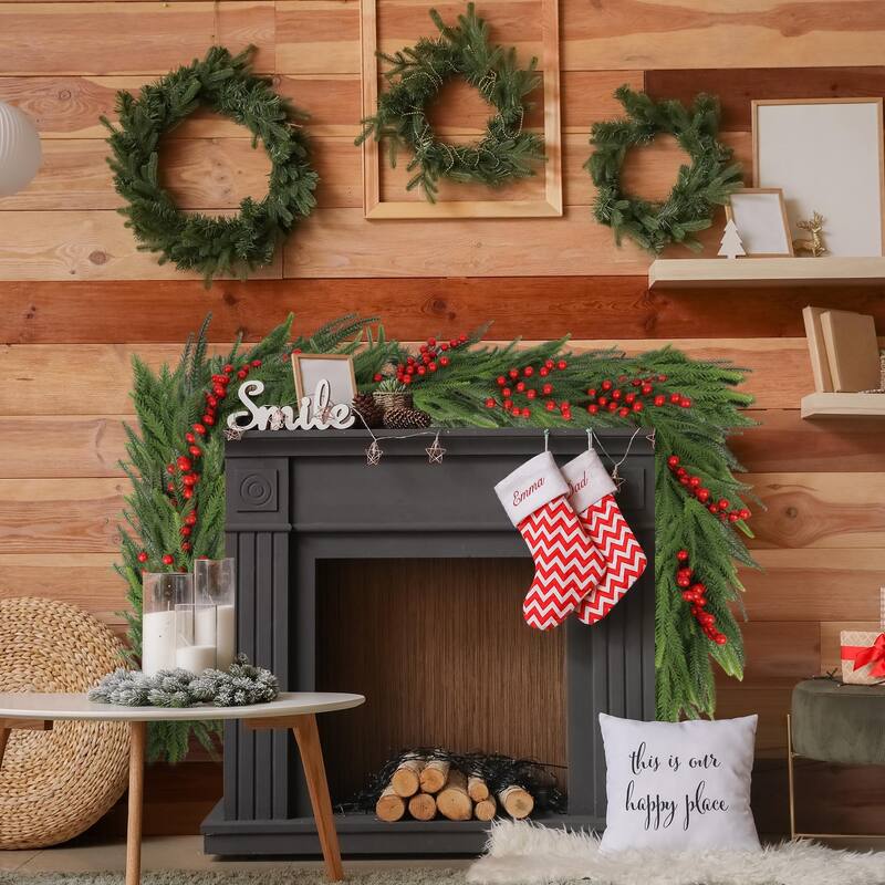 Christmas Wreath Wall Decor with 30 LED Light Pinecones Berries andFrosted White Accents, for Fireplace and Staircase