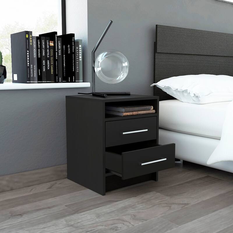 Modern Nightstand with Two Drawers and Top Shelf, Compact and Functional, Ideal for Bedroom or Living Room