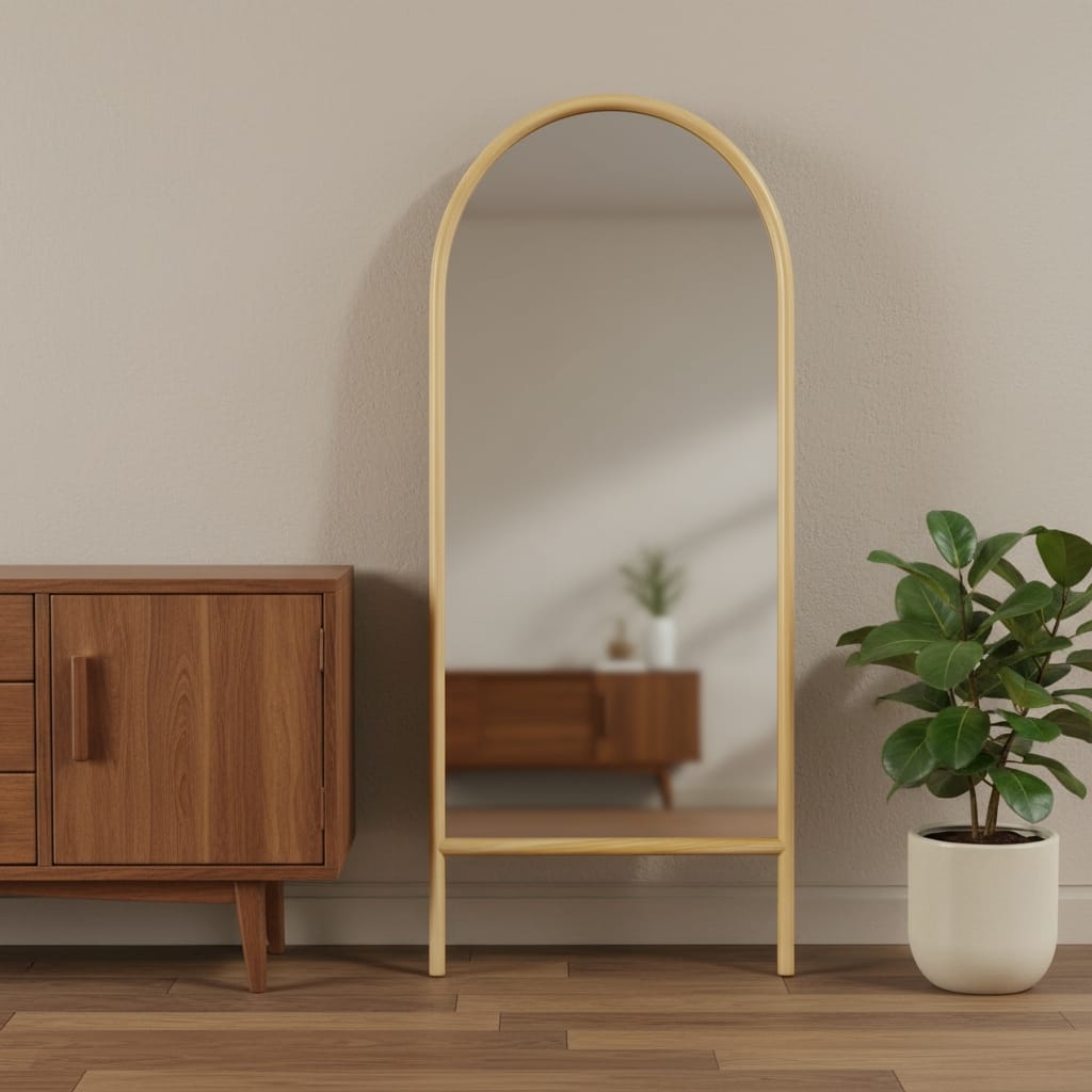 HomeRoots 71" Natural Solid Wood Arch Freestanding Framed Full Length Mirror - 31.00 in. x 71.00 in. x 0.79 in.