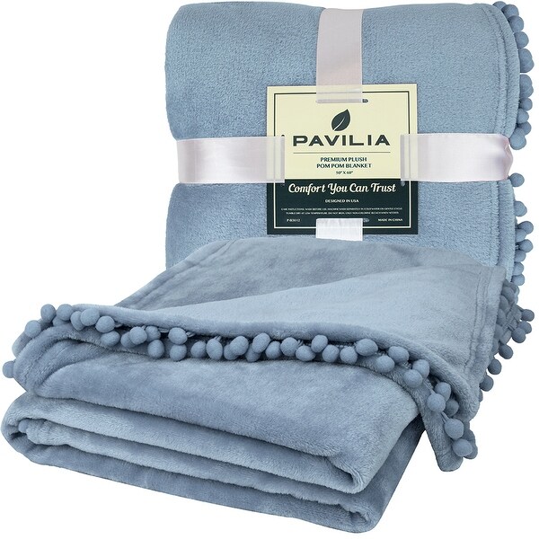 Microfiber Pom Pom Fleece Blanket Dusty Blue Bed Bath Beyond