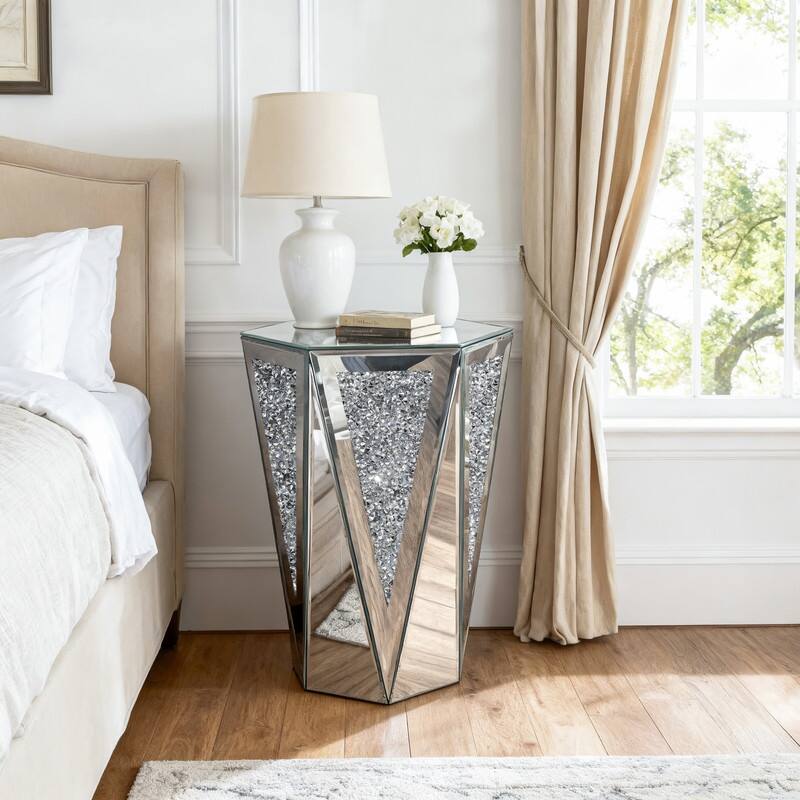 Hexagonal Mirror Top End Table with Crystal-Inlaid