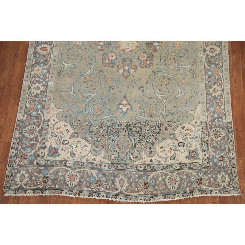 Hand Knotted Oriental 100% Wool Carpet Traditional Floral Green Tabriz Area Rug - 9' 5'' X 6' 2''