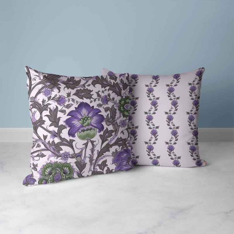Mughal Era Garden Treasures Faux Suede Reversible Throw Pillow Grey and Lavender