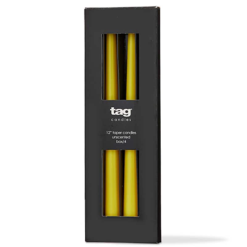 Color Studio 12" Traditional Taper Unscented Smokeless Paraffin Wax Candle Yellow Set of 4 Burn Time 8 hrs.