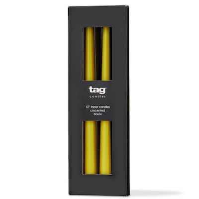 Color Studio 12" Traditional Taper Unscented Smokeless Paraffin Wax Candle Yellow Set of 4 Burn Time 8 hrs.
