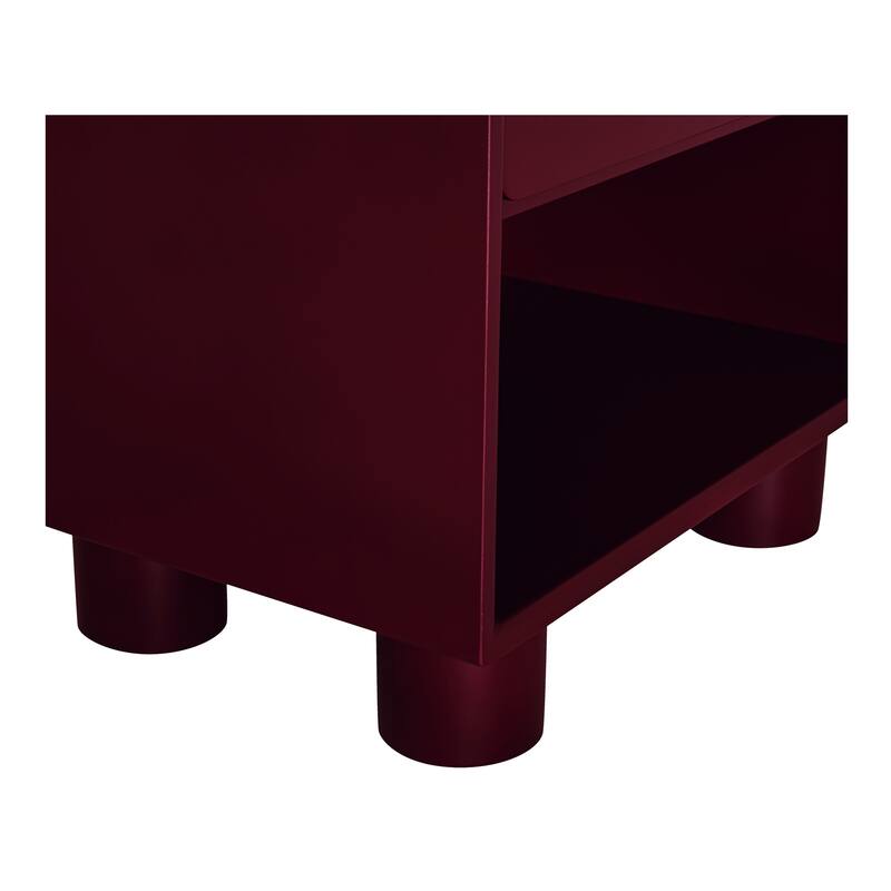 NADAAL STUDIOS Saryn Nightstand, 1-Drawer, Playful Legs with Open Shelf Rubberwood Frame, Deep Red