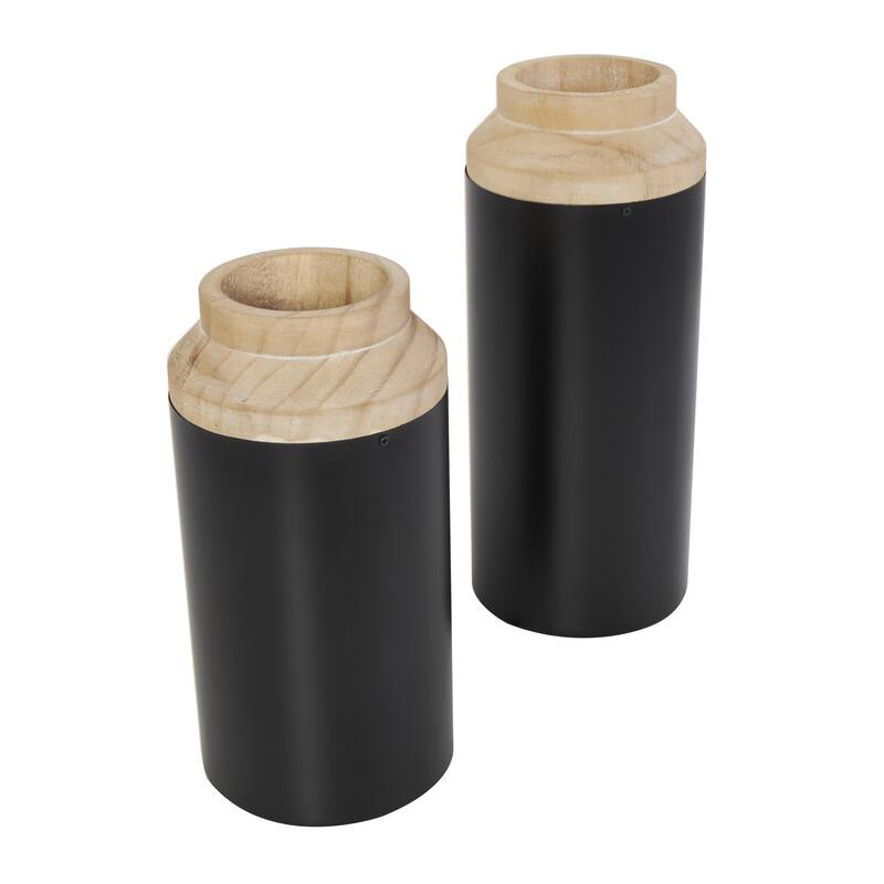 Wood Colorblock Decorative Vase with Light Brown Wood Tops - Set of 2 Black - Roche River Decor