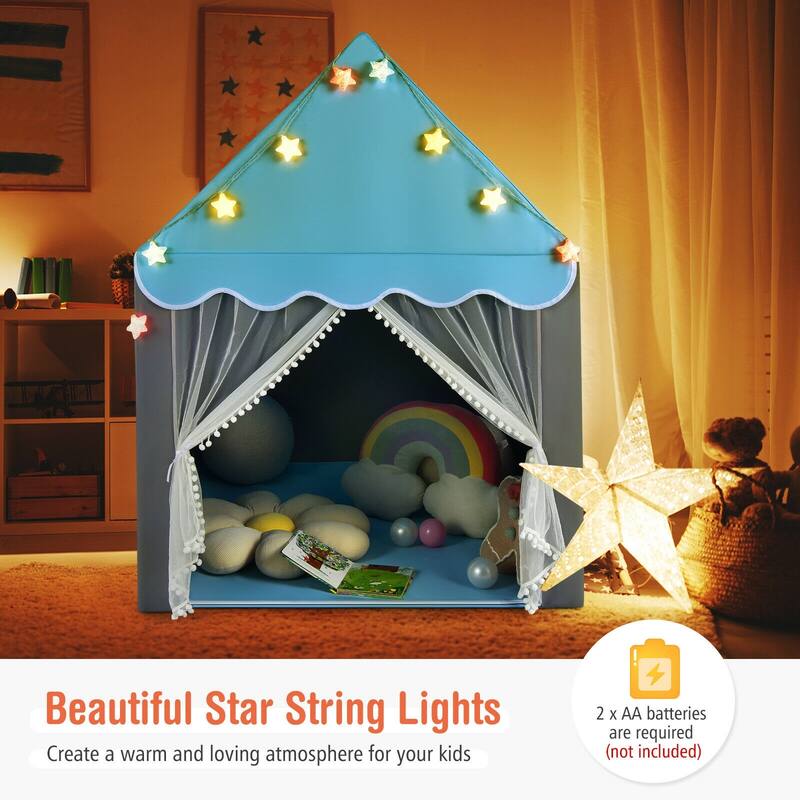 Blue Kids Playhouse Tent with Mesh Windows and Star String Lights Soft Mat for Boys or Girls - 41.5" x 48" x 53.5" (L x W x H)