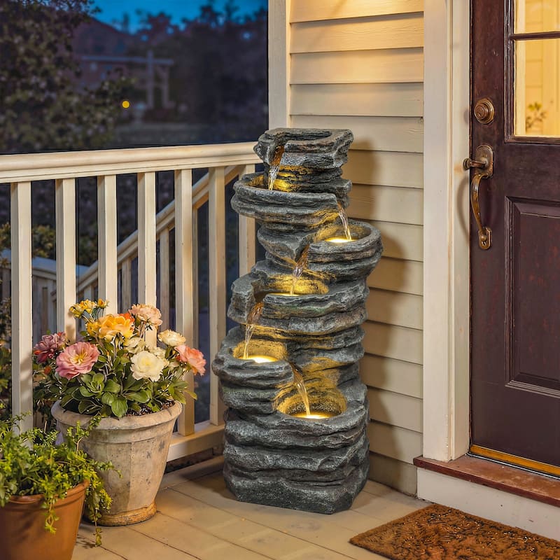 Outsunny 40" Tall Outdoor Waterfall Fountain with LED Lights, 6-Tier Cascading Waterfall Feature with Pump