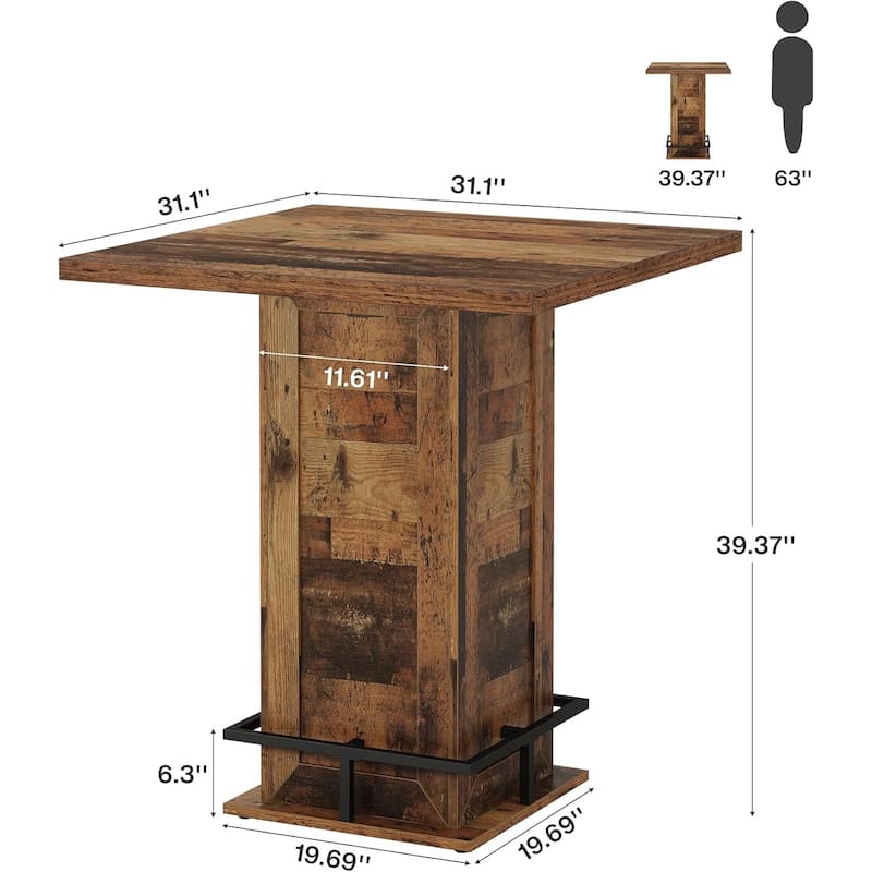 39.4 Inch High Industrial Bar Bistro Pub Cocktail Table with Footrest - 31.10" W x 31.10" D x 39.37" H