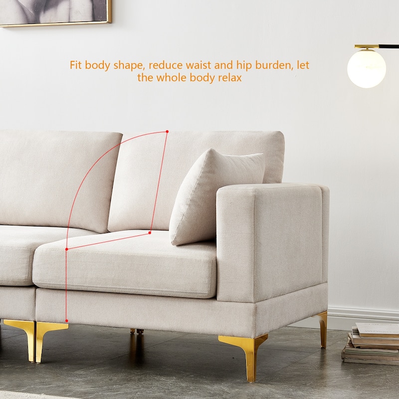 92'' Fabric L-Shape 3-Seater Sofa with Ottoman, Gold Metal Legs, and Toss Pillows