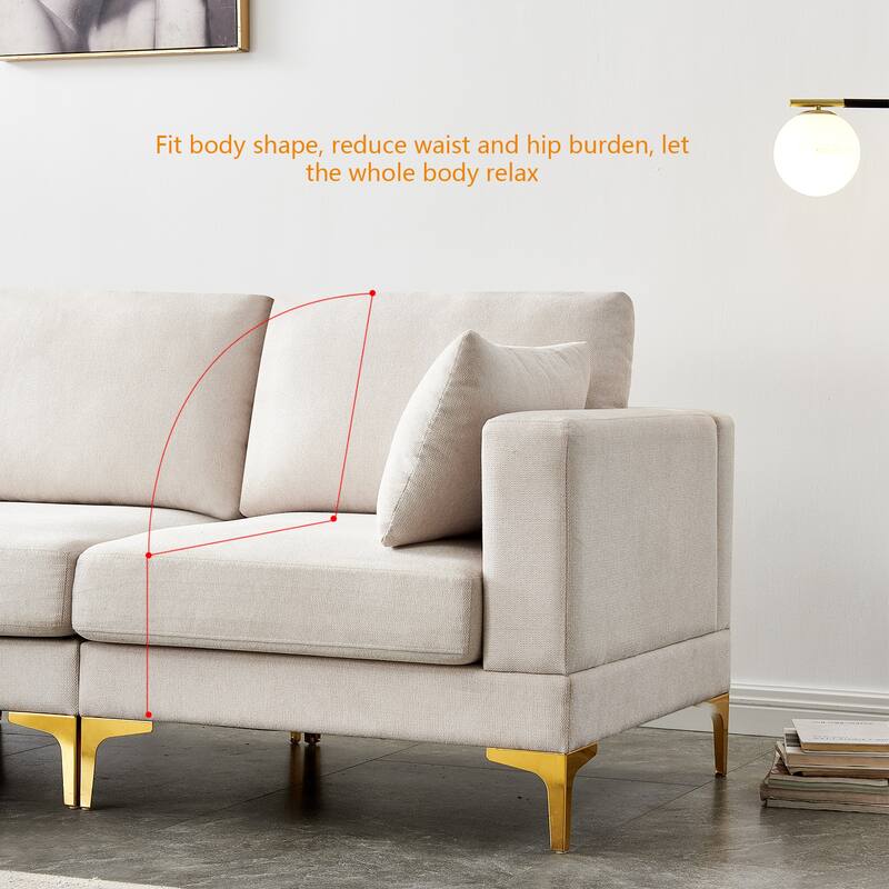 Beige 92'' Fabric L-Shape 3-Seater with Ottoman and Gold Metal Legs
