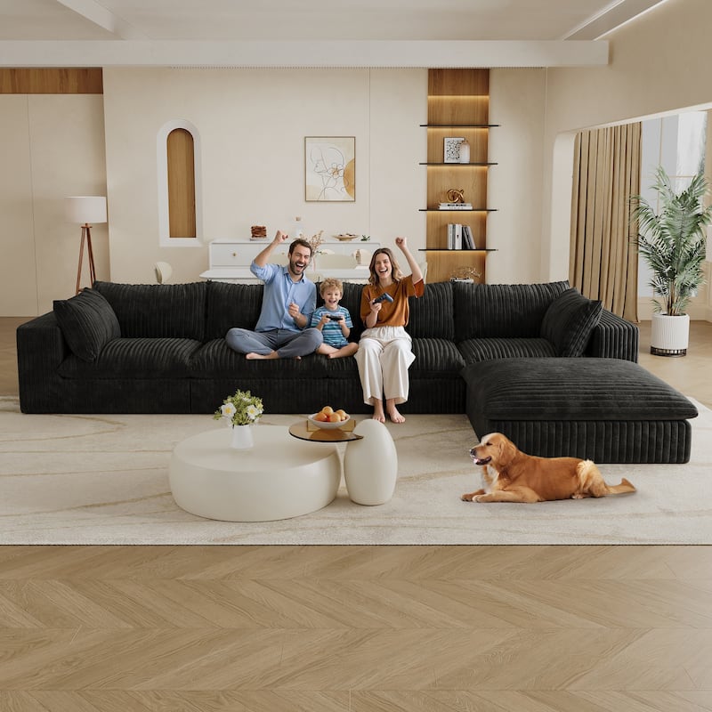 Corduroy L-shaped Sectional Sofa with Chaise Lounge, Deep Seat Modular Couch with Ottoman and Double-layer Seat Cushions - Black