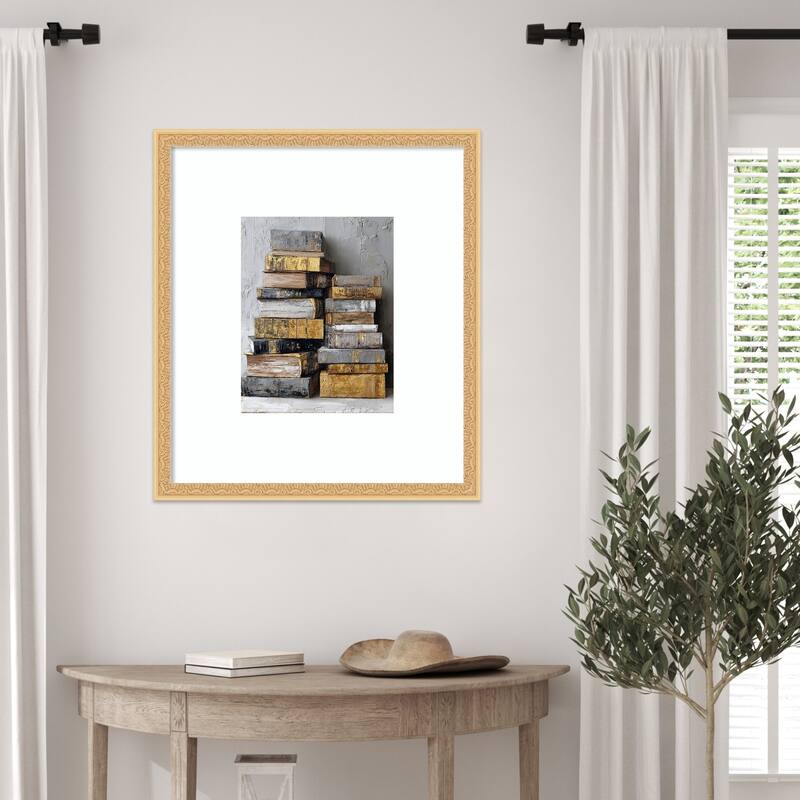 Distressed Books Stack Gold White Vintage Library Collection by Tradelink inhouse artist Wood Framed Wall Art Print