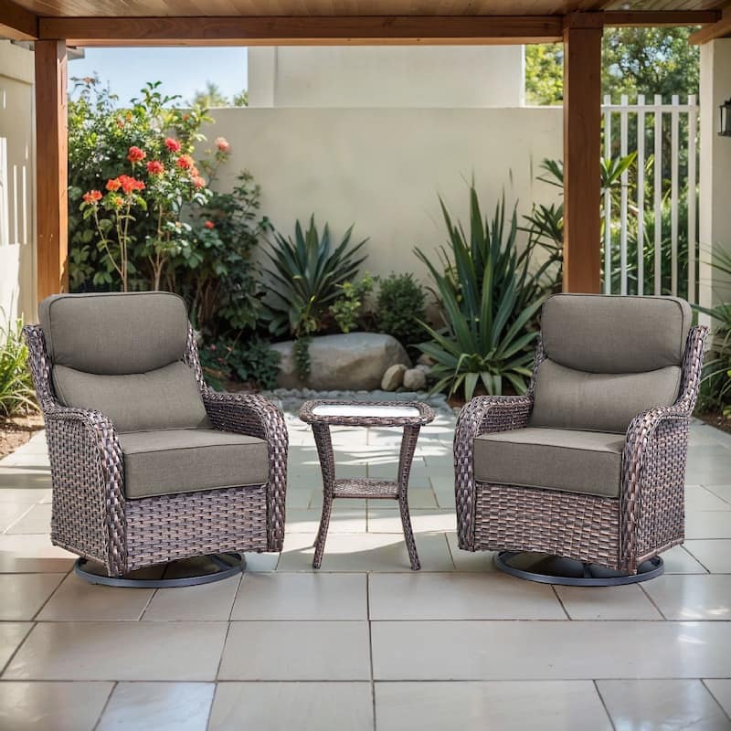 Arcadia 3-Piece Wicker Patio Swivel Glider Chairs with 6-Inch Thick Cushions and Side Table