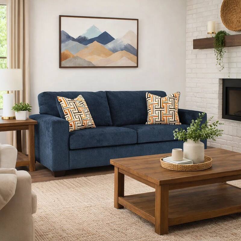 Avie Sofa, 2 Accent Pillows, 85 Inch, Black, Soft Navy Blue Polyester