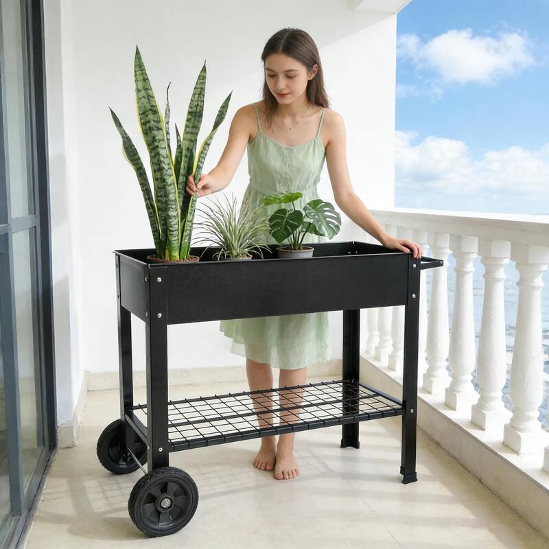 Mobile Metal Raised Garden Bed Cart with Wheels - Elevated Tall Planter Box for Patio, Black