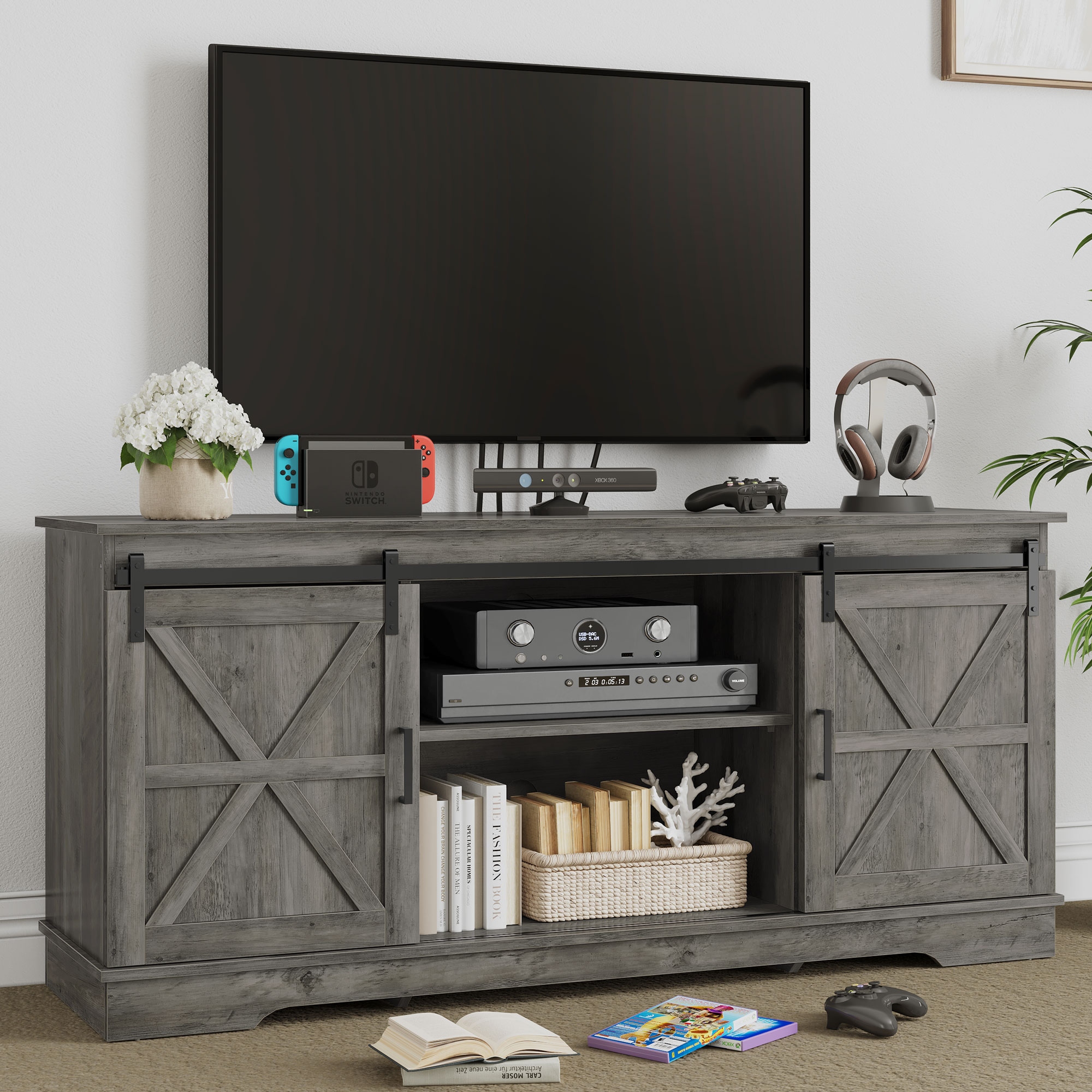 Farmhouse Wood TV Stand 59 inch Sliding Barn Door Entertainment
