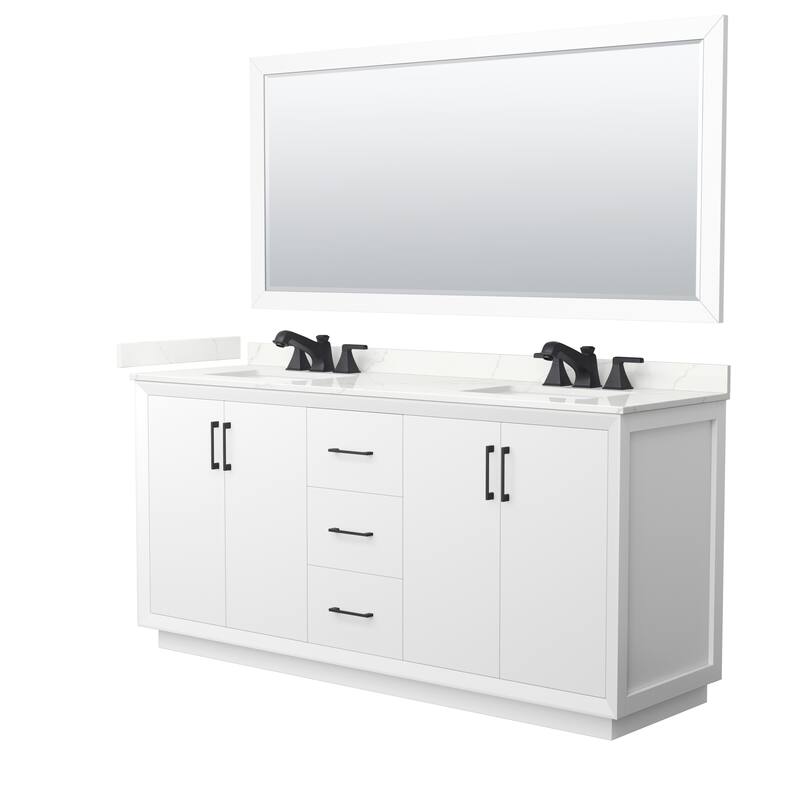 Strada 72-inch Double Vanity, Quartz Top, 70-inch Mirror - White, Black Trim, Giotto Quartz Top