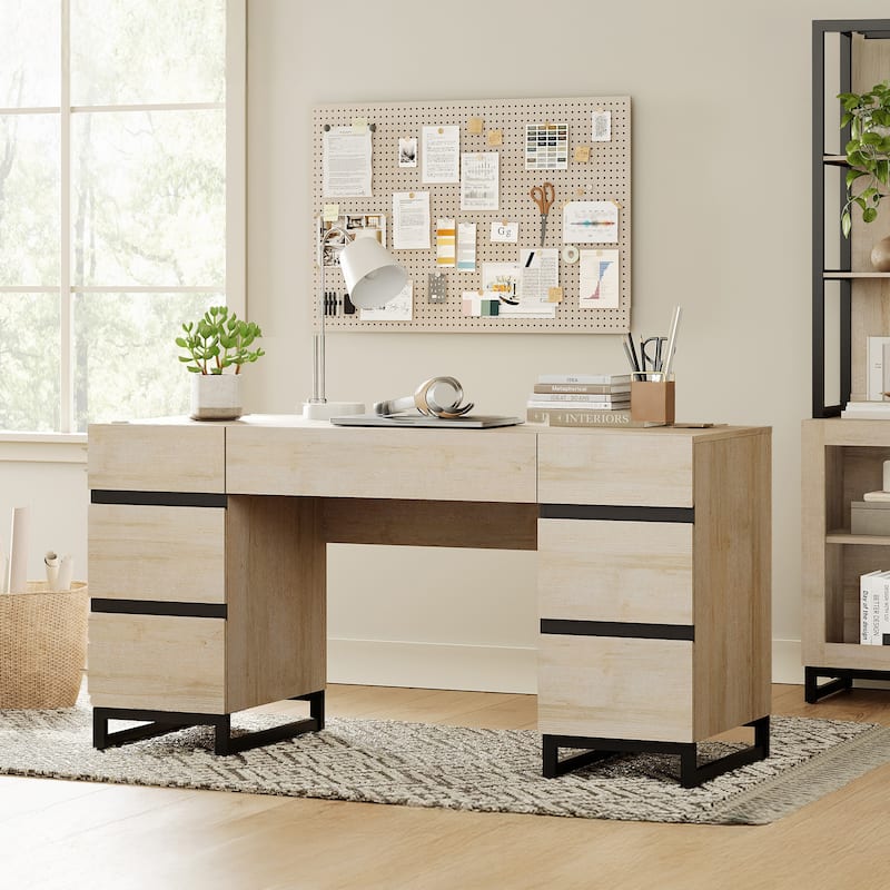 WAMPAT 59" Modern Executive Desk with Drawers & Charging Station, Wood Office Desk for Bedroom, Living Room, Home Office. - Beige