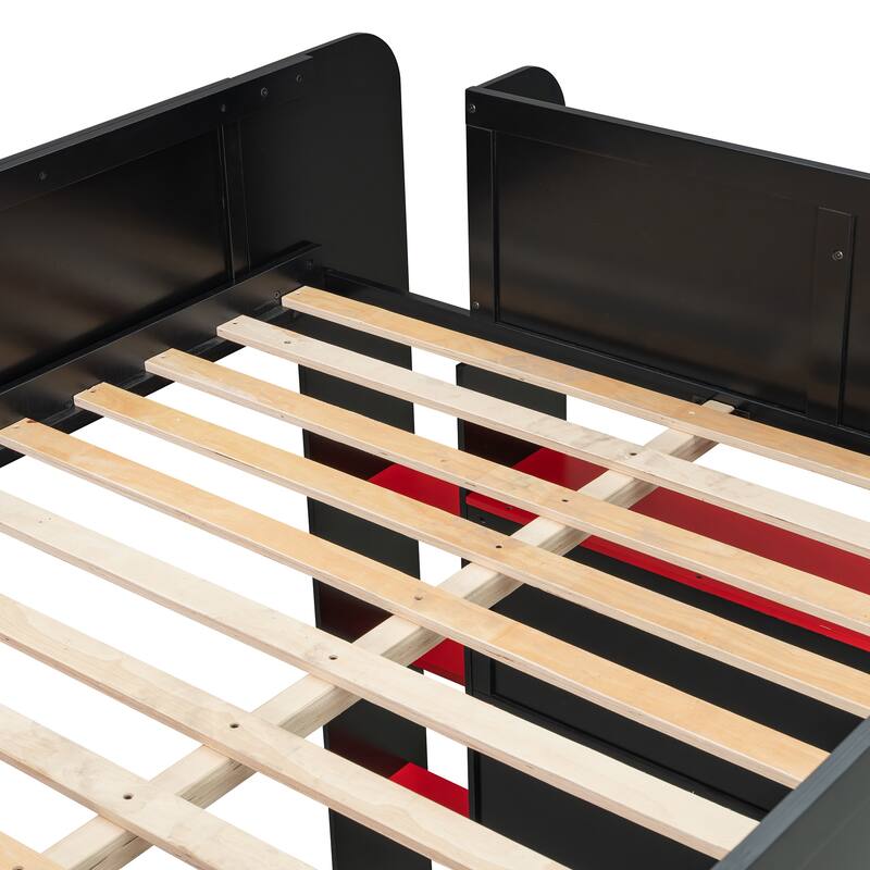 Full Size High Loft Bed, LED Loftbed Frame with Height Adjustable Desk, Wooden Storage Loft Bed with Wardrobe and Shelves