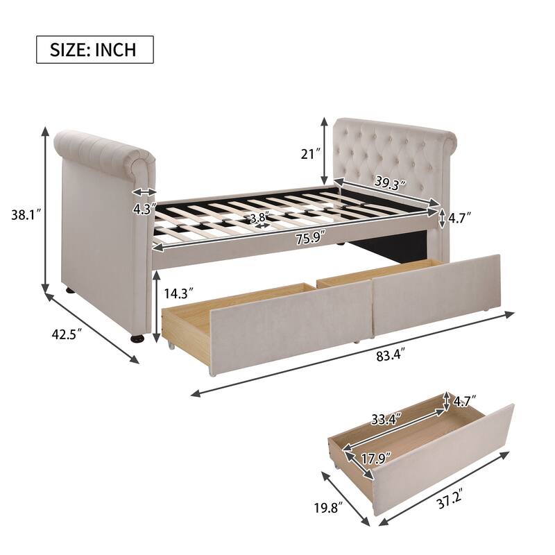 Twin Size Upholstered Daybed with Drawers, Wood Slat Support, No Box Spring Needed