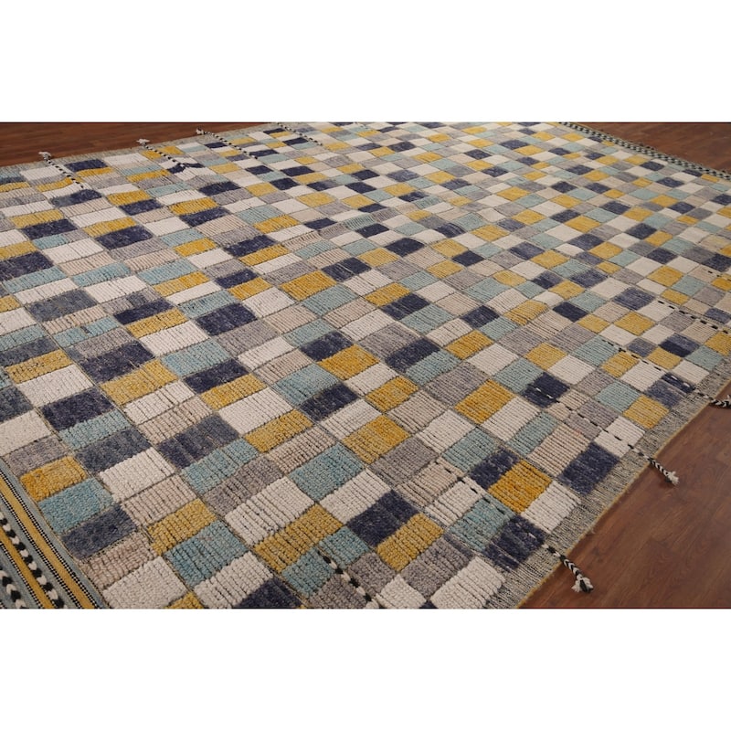 All-Over Checkered Moroccan Large Modern Area Rug Handmade Wool Carpet - 9'9"x 15'1"
