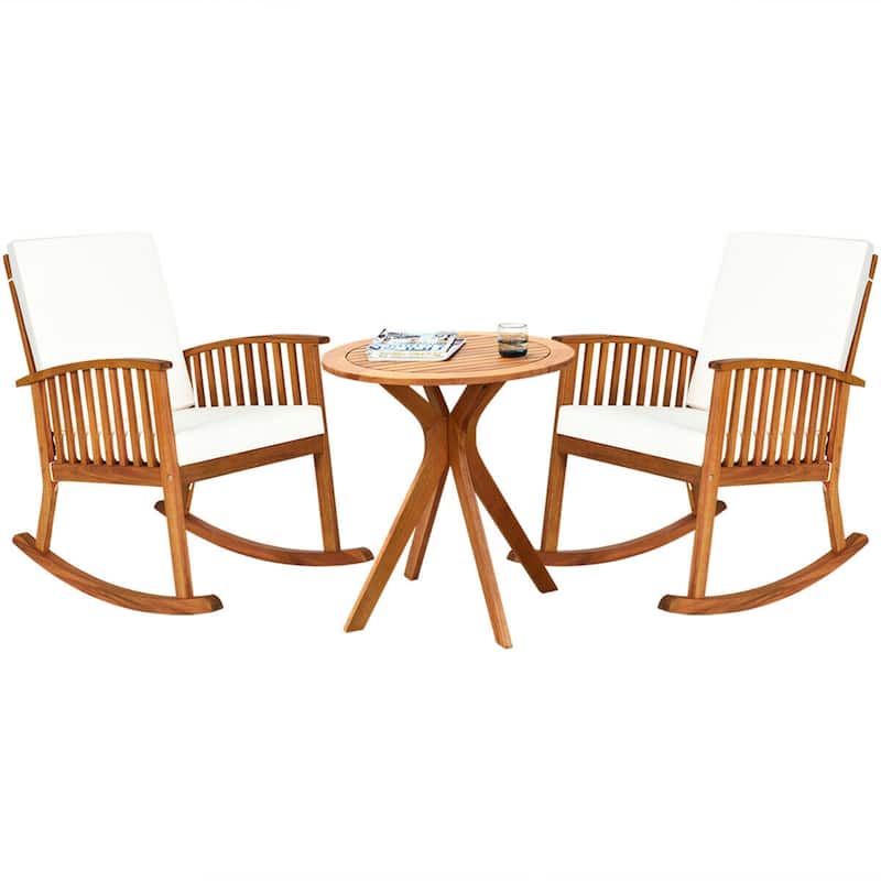 Gymax 3PCS Patio Rocking Chair Set Round Table Solid Wood Cushioned - Brown