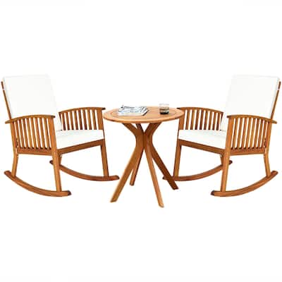 Gymax 3PCS Patio Rocking Chair Set Round Table Solid Wood Cushioned