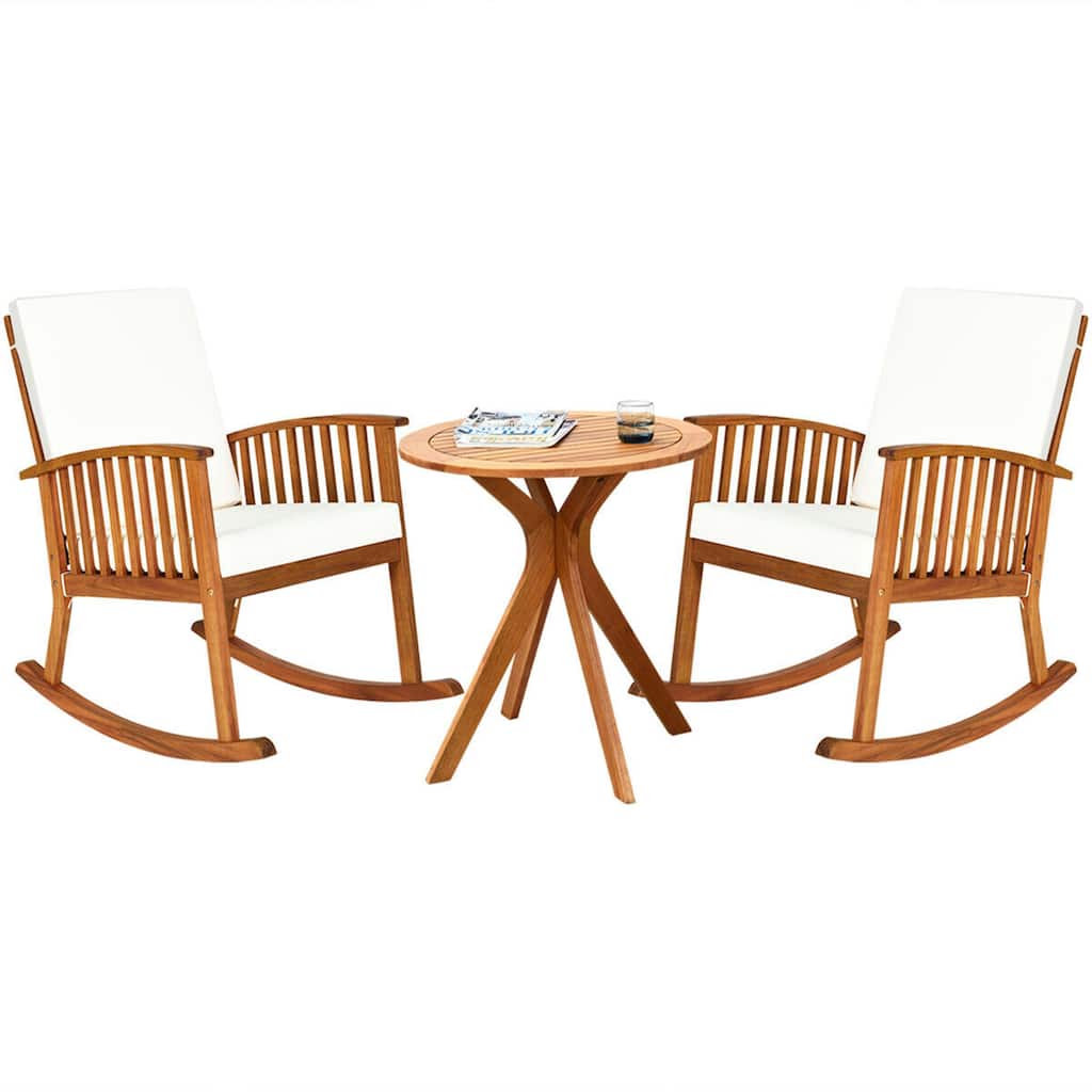 Gymax 3PCS Patio Rocking Chair Set Round Table Solid Wood Cushioned