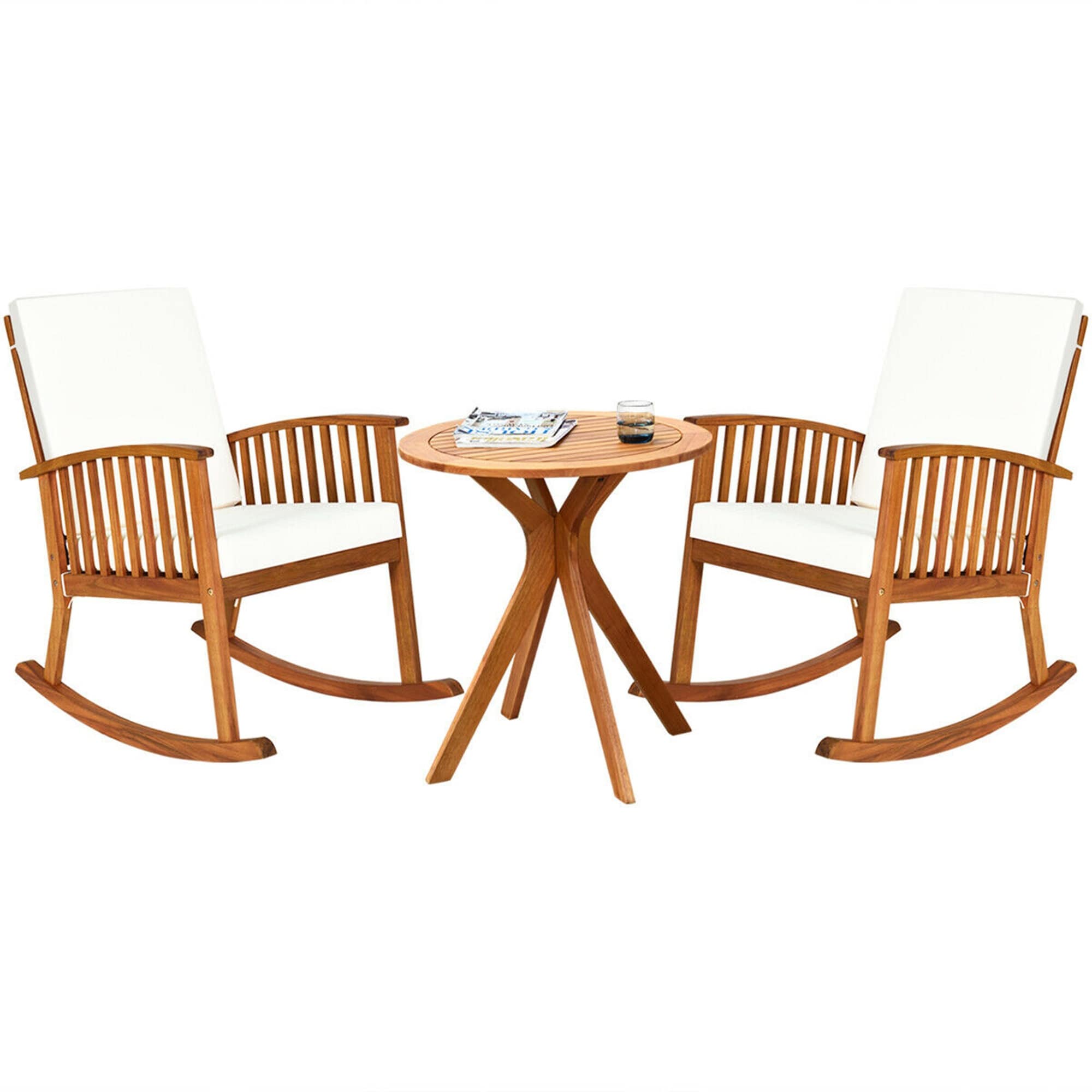 Gymax 3PCS Patio Rocking Chair Set Round Table Solid Wood Cushioned