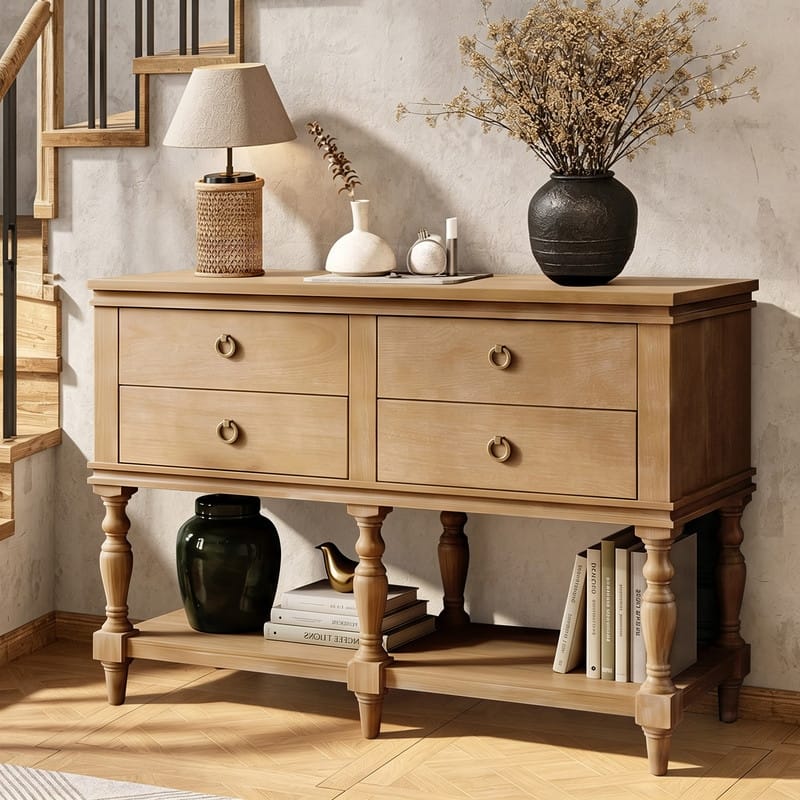 Farmhouse 42" Console Table with 4 Drawers and Solid Wood Legs, Entryway Sofa Table for Living Room Hallway