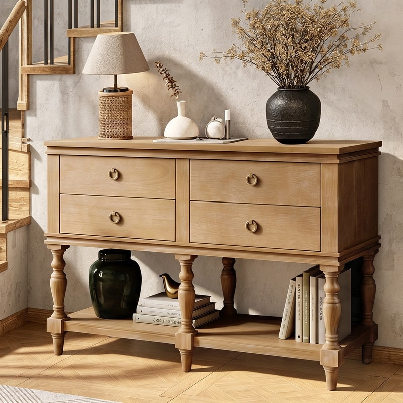 Farmhouse 42" Console Table with 4 Drawers and Solid Wood Legs, Entryway Sofa Table for Living Room Hallway