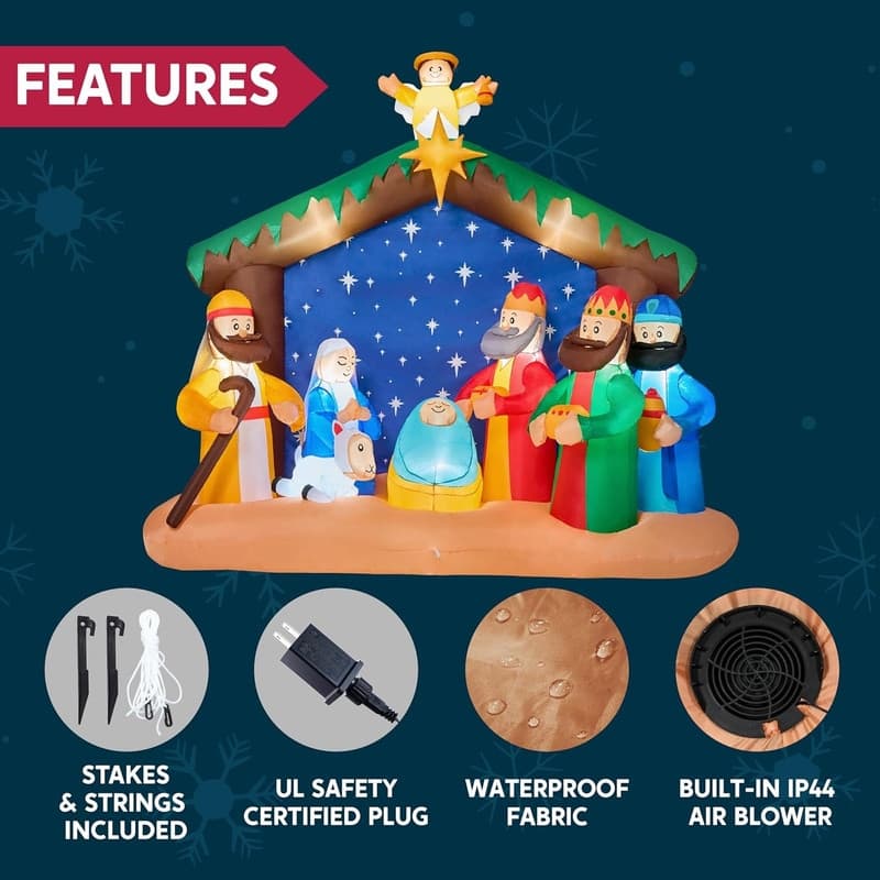 8 FT Long Christmas Inflatables Nativity Scene, Christmas Blow Up Nativity Set with Build-in LEDs - Multicolor