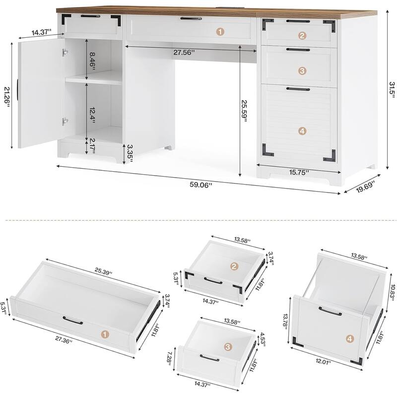 Farmhouse Computer Desk with File Drawers and Storage Cabinet