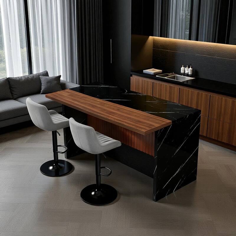 63" Modern Kitchen Island with Marble-Look Countertop, LED Lights, and Grille Design for Dining Room