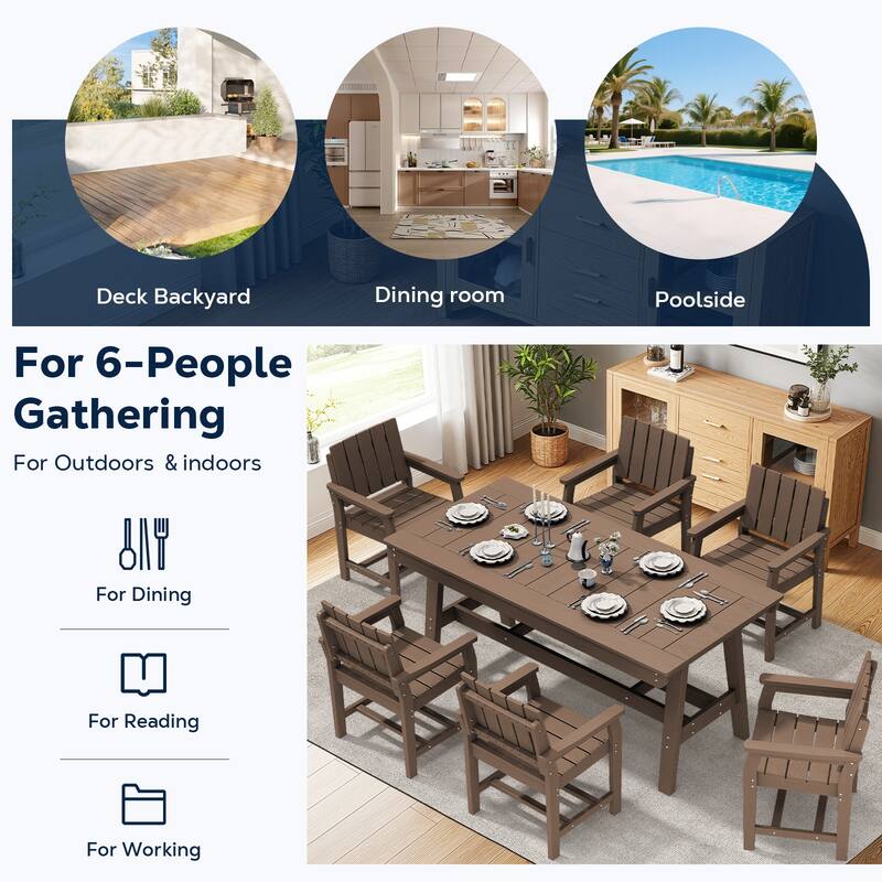 7-Piece HDPE Outdoor & Indoor Dining Set, Rectangular 67.91in W Table with Umbrella Hole and 6 Chairs Set of 7, Wood-Look Finish