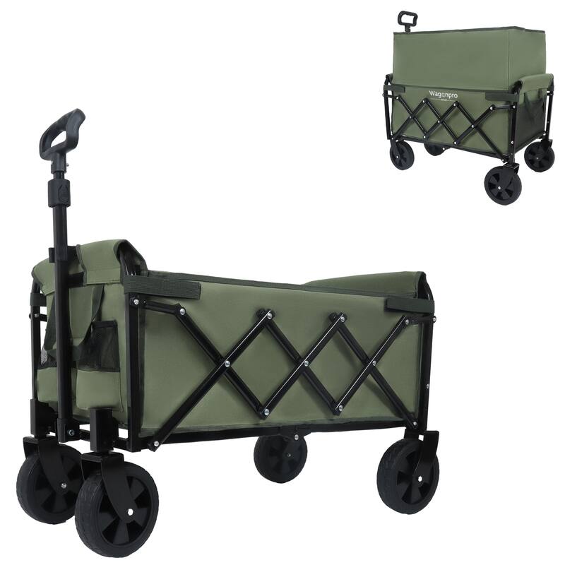 Expandable Dual-Layer Utility Wagon with 100% Extra Space - Grocery Cart for Camping, Shopping, Sports, Gardening, Fishing - Green