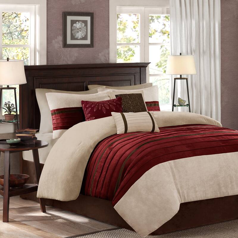 7 PC Pieced Faux Suede Comforter Set Red Cal King - Red
